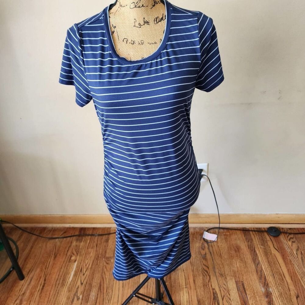 Market & Spruce Maternity Navy/White Striped Ruched Stretch T-Shirt Dress M